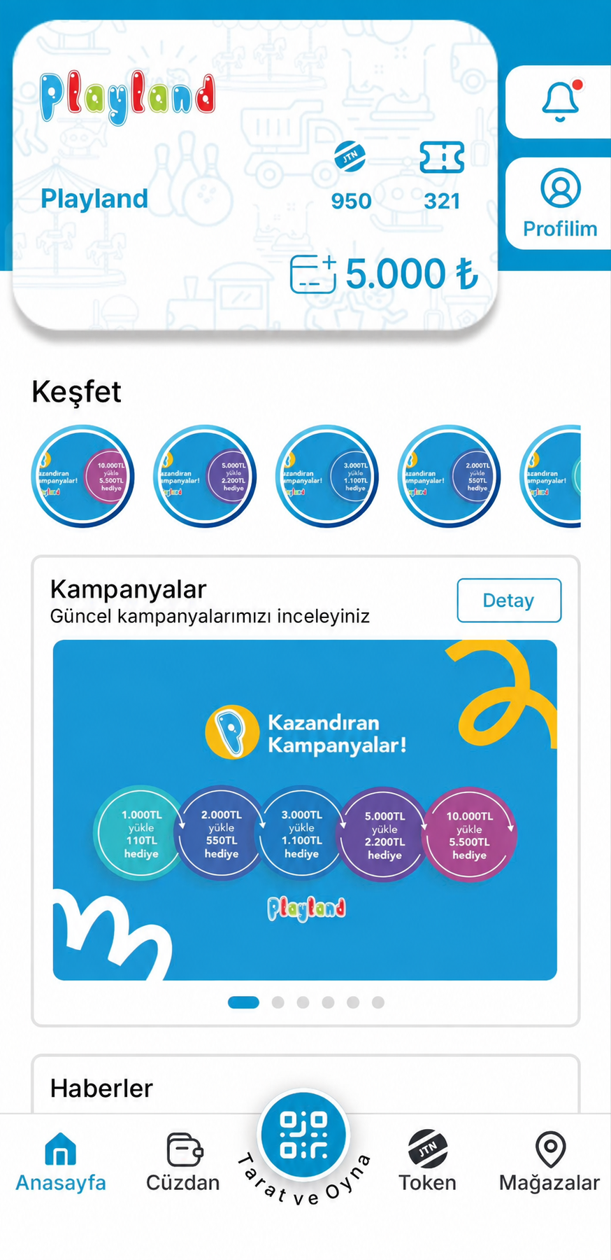 Playland Mobil ana ekranı, 5.000 TL bakiye ve kampanyalar
